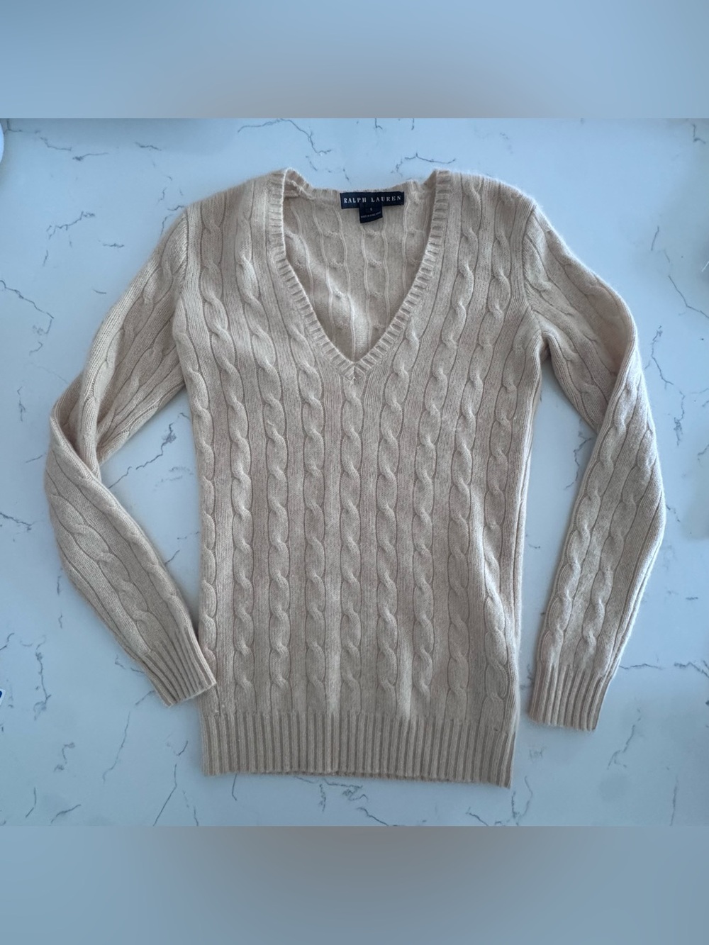 Ralph Lauren Black Label 100% Cashmere Cable Knit V-Neck Sweater S Beige